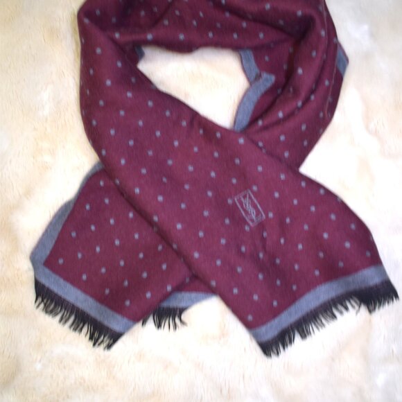 Yves Saint Laurent Vintage Wool Scarf Maroon Gray Polka Dot Designer YSL - Picture 6 of 9
